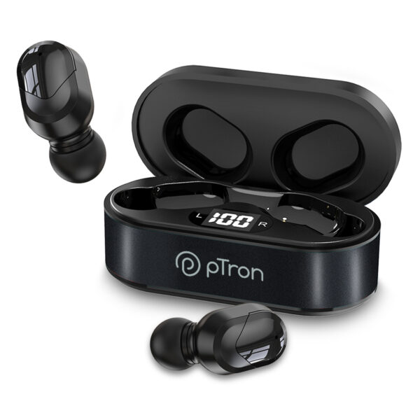 pTron Bassbuds Indie TWS Earbuds with HD Mic, Upto 28 Hrs of Playtime, Snug fit, Quick Pairing, IPX4 Sweat/Water Resistance, Bluetooth v5.0, Black