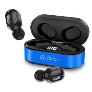 pTron Bassbuds Indie TWS Earbuds with HD Mic, Upto 28 Hrs of Playtime, Snug fit, Quick Pairing, IPX4 Sweat/Water Resistance, Bluetooth v5.0, Blue and Black