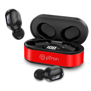 pTron Bassbuds Indie TWS Earbuds with HD Mic, Upto 28 Hrs of Playtime, Snug fit, Quick Pairing, IPX4 Sweat/Water Resistance, Bluetooth v5.0, Red and Black